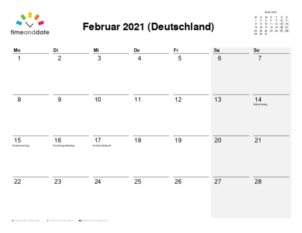 Kalender für 2021 in Deutschland
