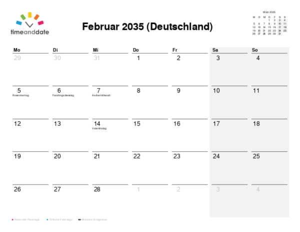 Kalender für 2035 in Deutschland
