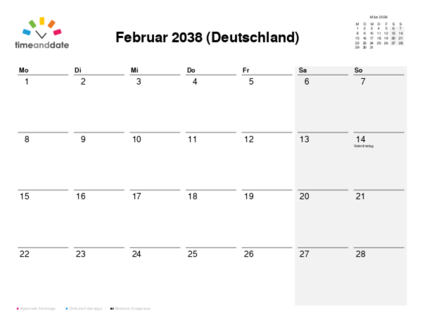 Kalender für 2038 in Deutschland