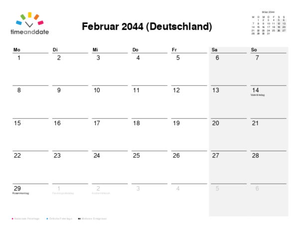 Kalender für 2044 in Deutschland