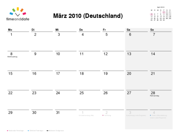 Kalender für 2010 in Deutschland