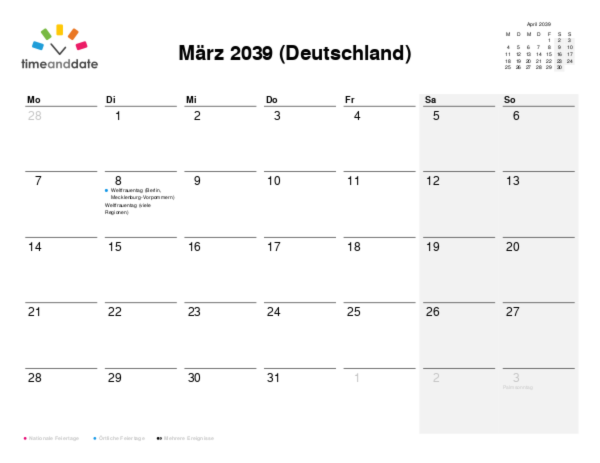 Kalender für 2039 in Deutschland