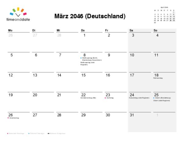 Kalender für 2046 in Deutschland