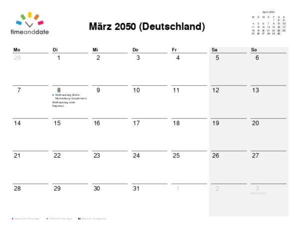 Kalender für 2050 in Deutschland