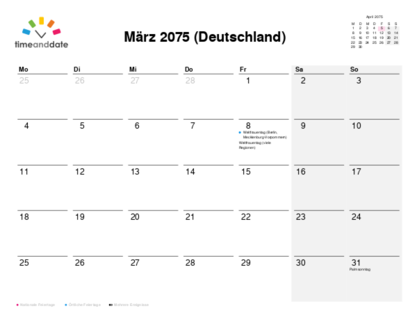 Kalender für 2075 in Deutschland