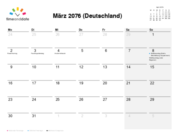 Kalender für 2076 in Deutschland