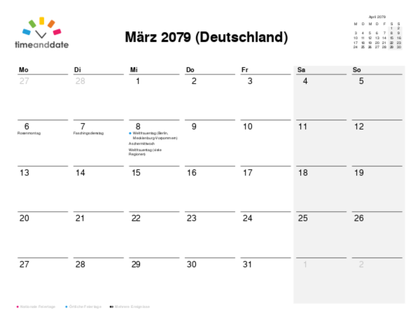 Kalender für 2079 in Deutschland