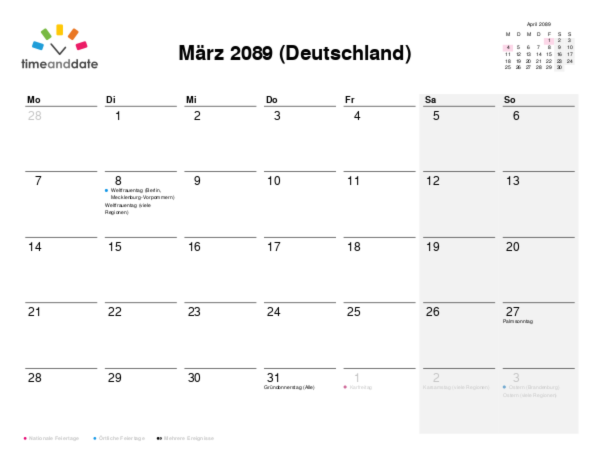 Kalender für 2089 in Deutschland
