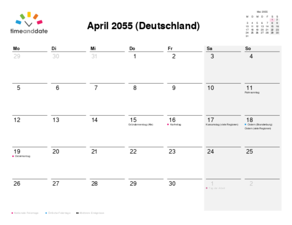 Kalender für 2055 in Deutschland