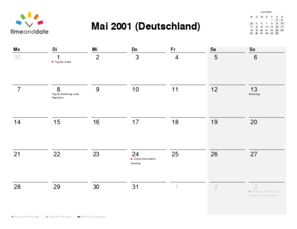 Kalender für 2001 in Deutschland
