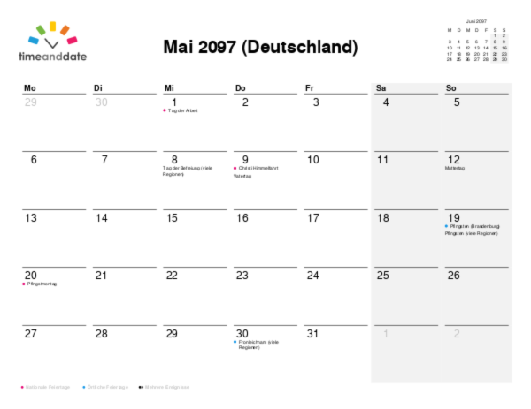 Kalender für 2097 in Deutschland