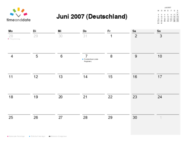 Kalender für 2007 in Deutschland