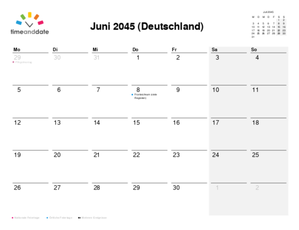 Kalender für 2045 in Deutschland