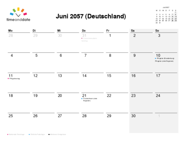 Kalender für 2057 in Deutschland