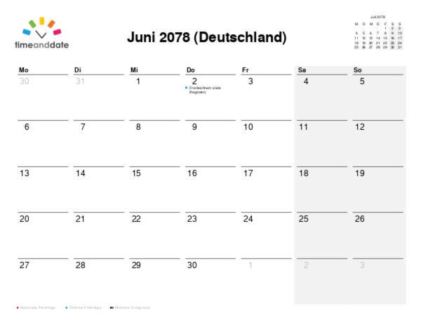 Kalender für 2078 in Deutschland