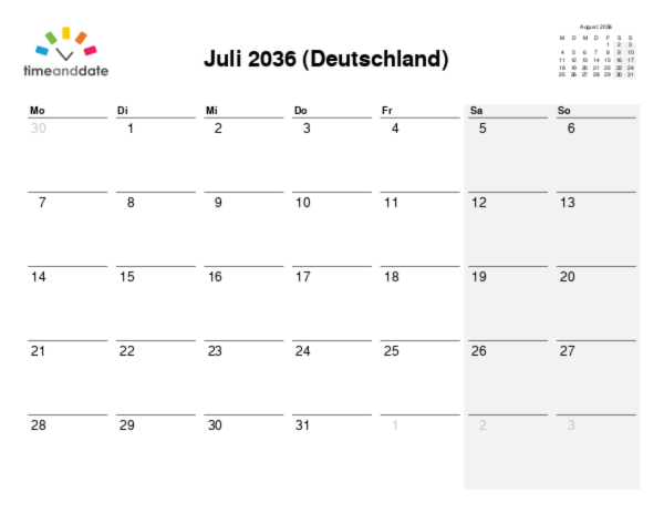 Kalender für 2036 in Deutschland