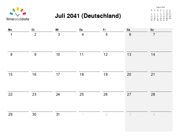 Kalender für 2041 in Deutschland