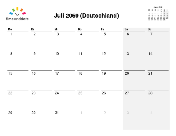 Kalender für 2069 in Deutschland