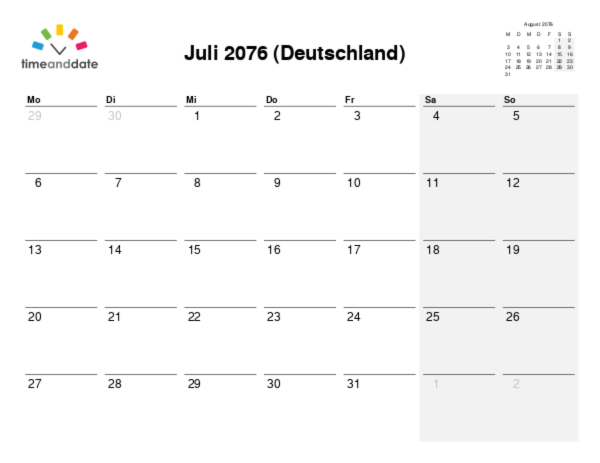 Kalender für 2076 in Deutschland