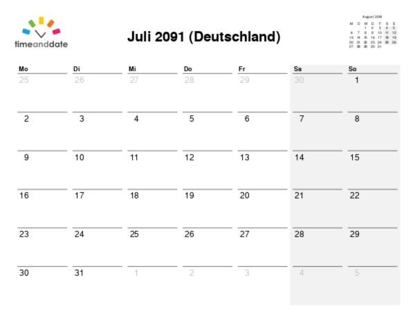 Kalender für 2091 in Deutschland
