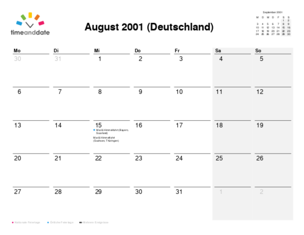 Kalender für 2001 in Deutschland
