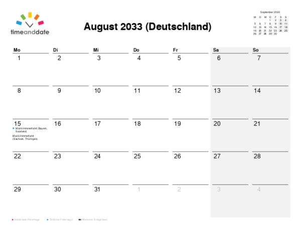 Kalender für 2033 in Deutschland