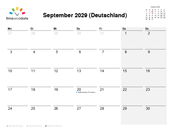 Kalender für 2029 in Deutschland