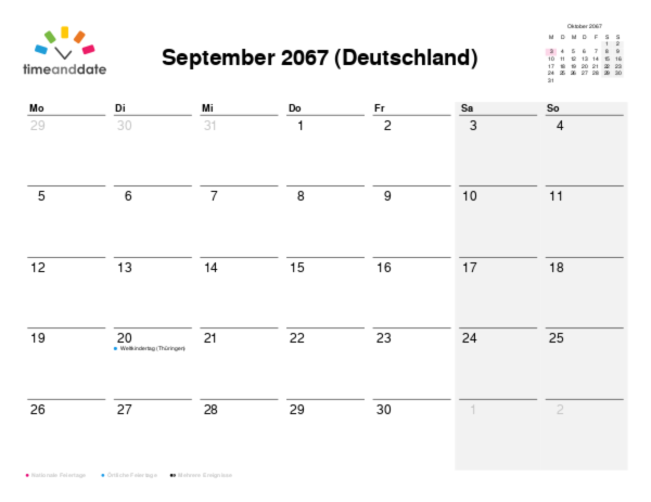 Kalender für 2067 in Deutschland