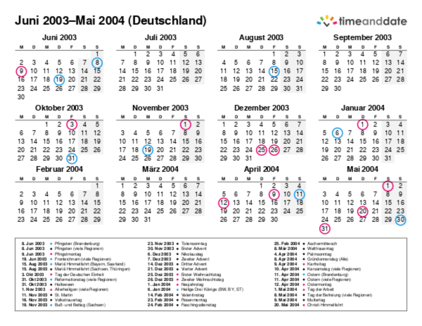 Kalender für 2003 in Deutschland