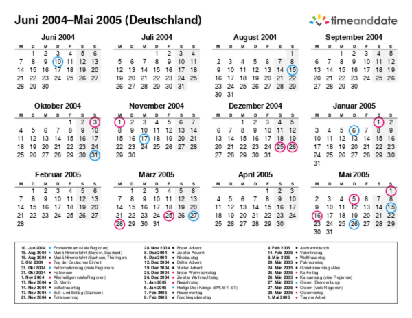 Kalender für 2004 in Deutschland