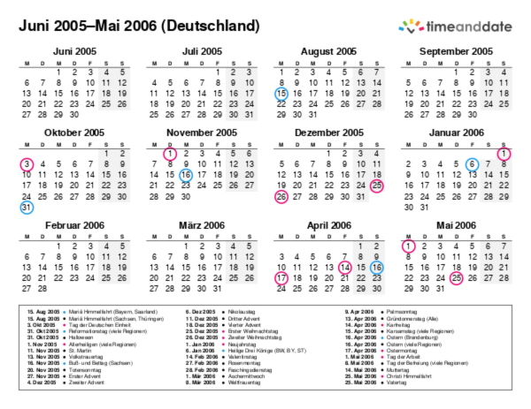 Kalender für 2005 in Deutschland