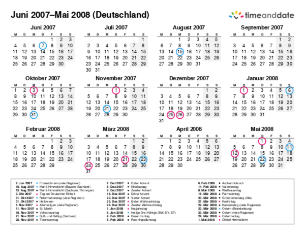 Kalender für 2007 in Deutschland