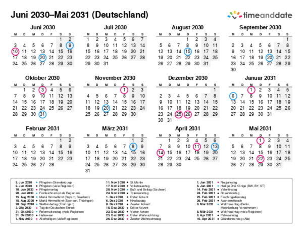 Kalender für 2030 in Deutschland