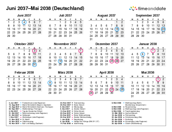 Kalender für 2037 in Deutschland