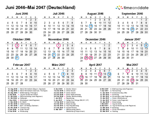 Kalender für 2046 in Deutschland
