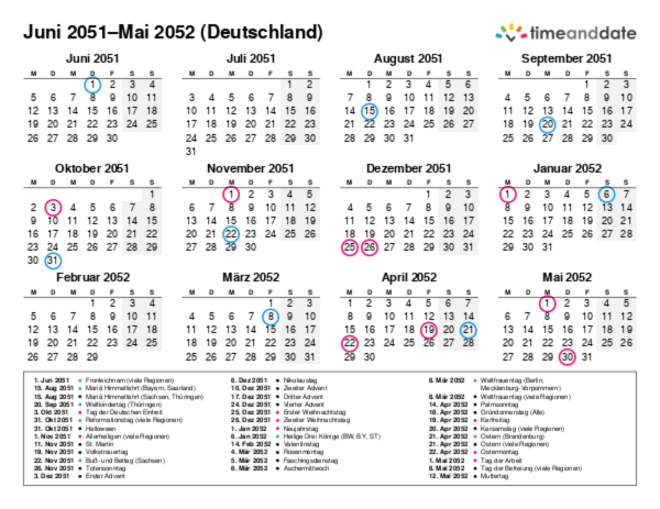 Kalender für 2051 in Deutschland