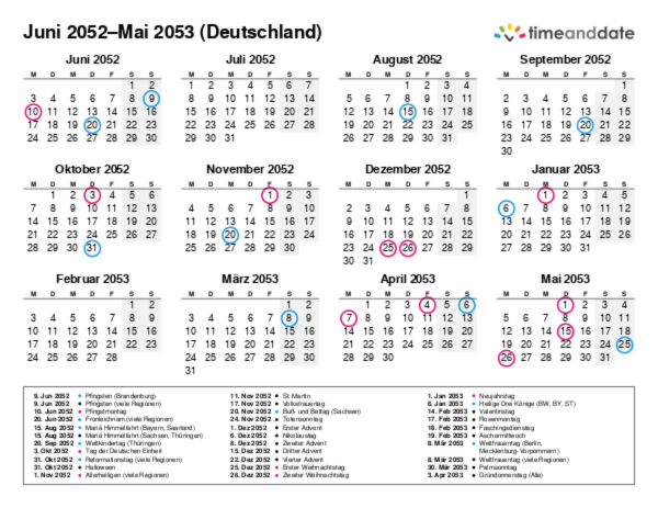 Kalender für 2052 in Deutschland