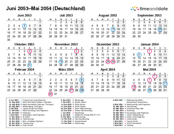 Kalender für 2053 in Deutschland