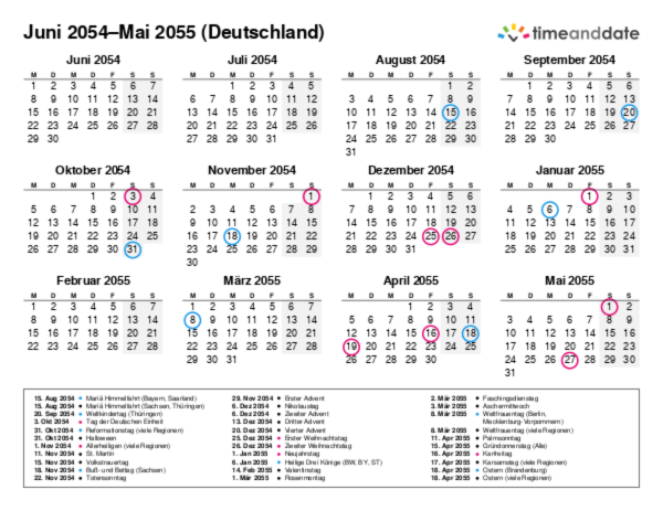 Kalender für 2054 in Deutschland