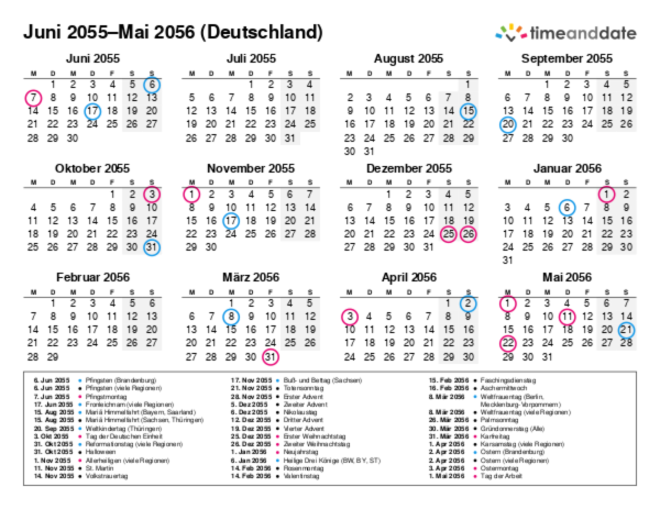 Kalender für 2055 in Deutschland