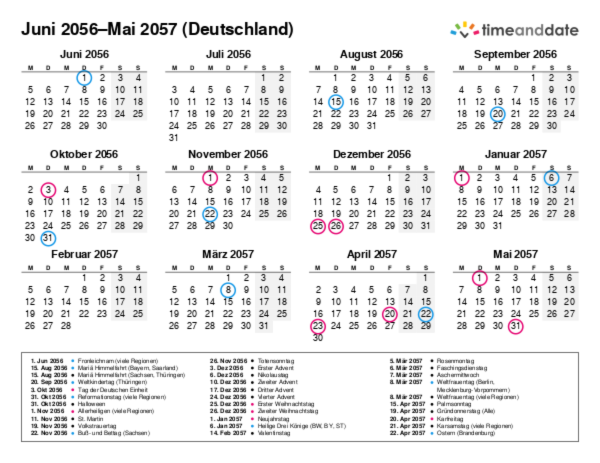 Kalender für 2056 in Deutschland