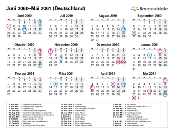 Kalender für 2060 in Deutschland