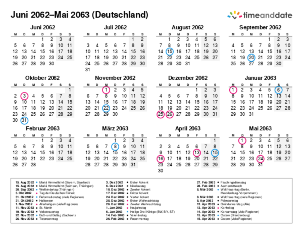 Kalender für 2062 in Deutschland