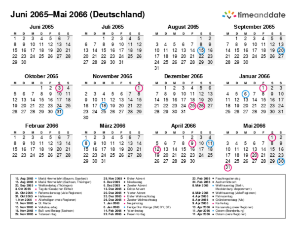Kalender für 2065 in Deutschland