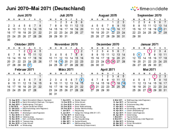Kalender für 2070 in Deutschland