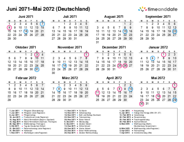 Kalender für 2071 in Deutschland