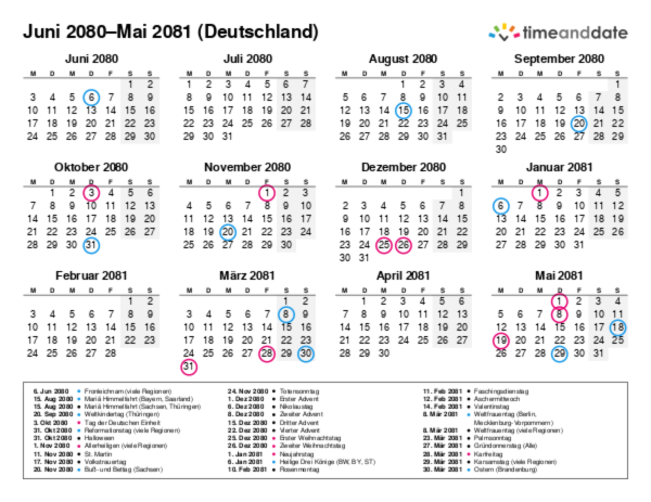 Kalender für 2080 in Deutschland