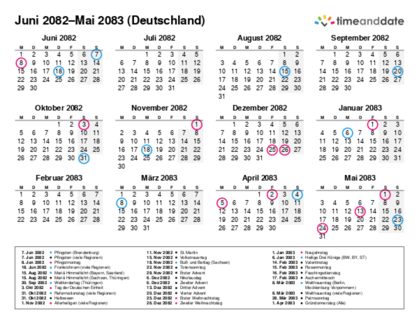 Kalender für 2082 in Deutschland