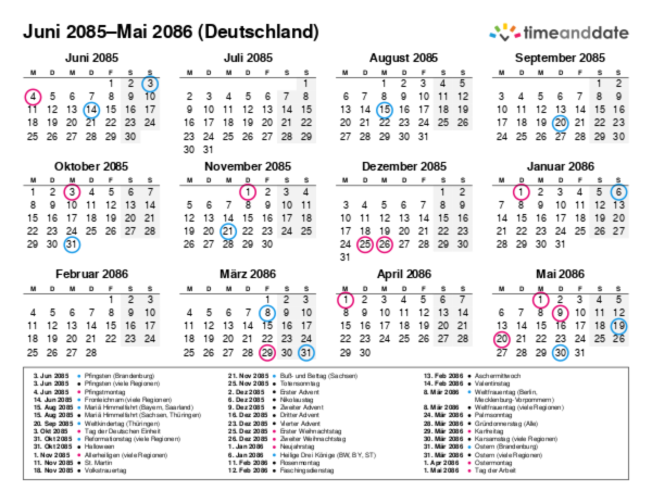 Kalender für 2085 in Deutschland