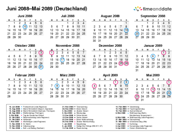 Kalender für 2088 in Deutschland